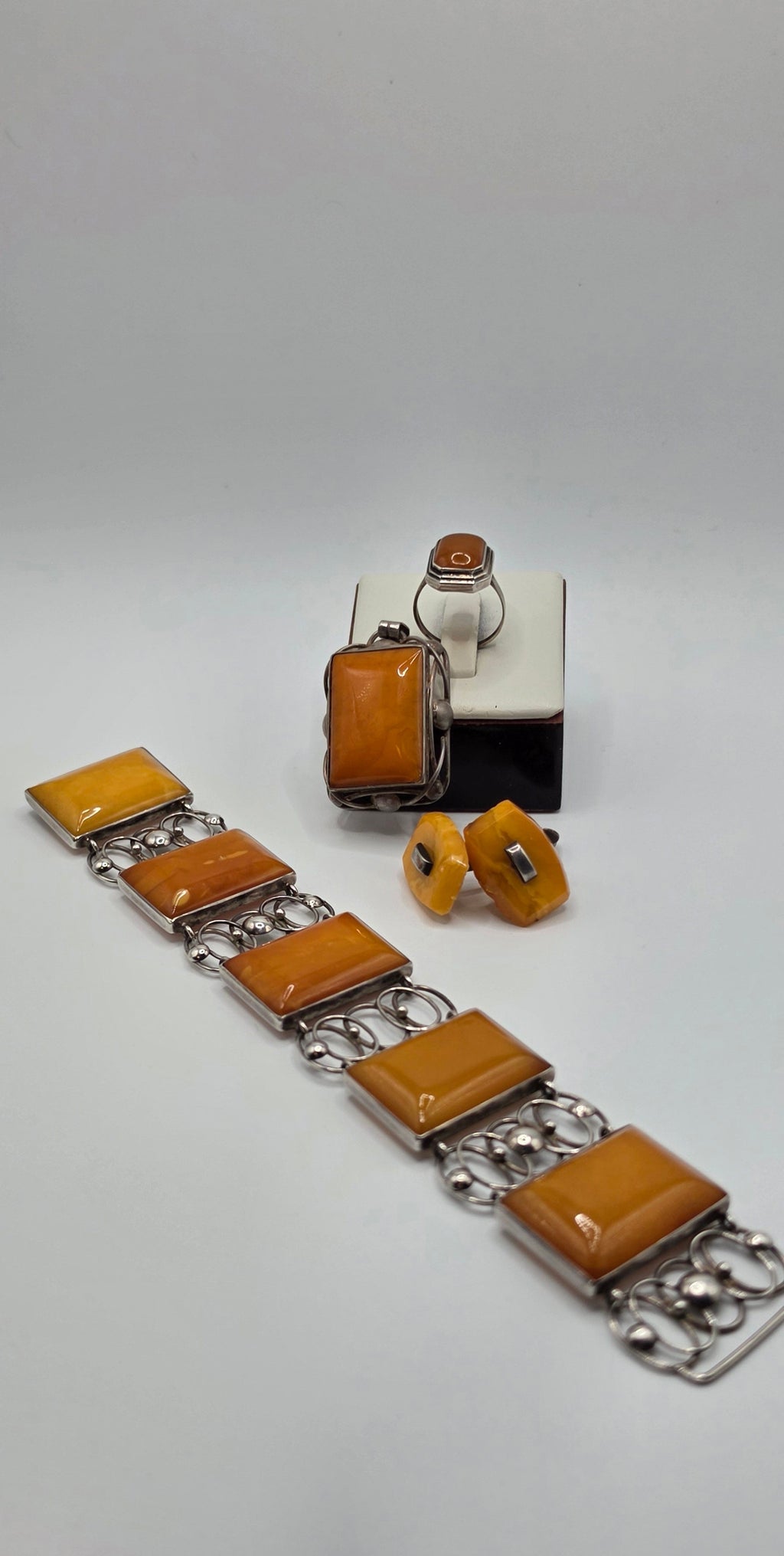 Amber & Silver 835 Complete Set – Ring, Bracelet, Cufflinks & Brooch
