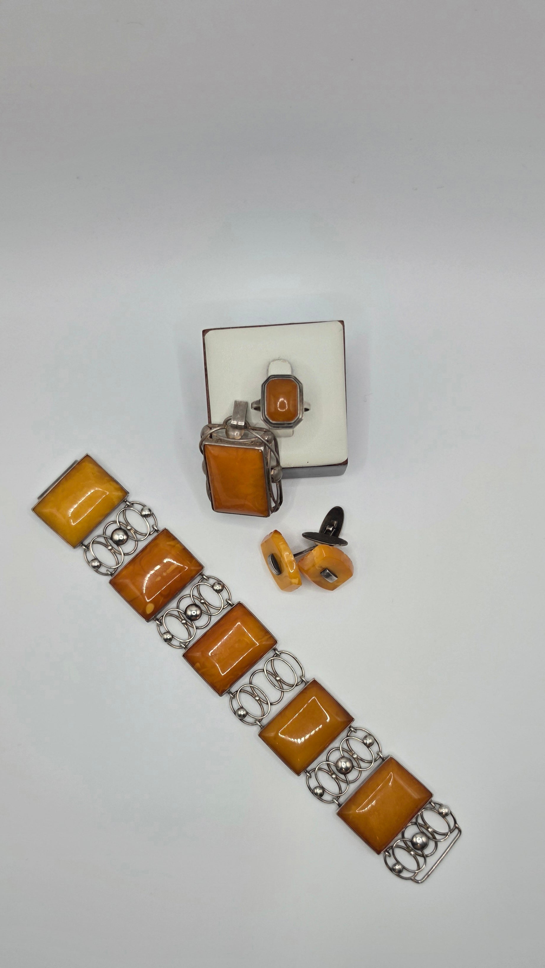 Amber & Silver 835 Complete Set – Ring, Bracelet, Cufflinks & Brooch